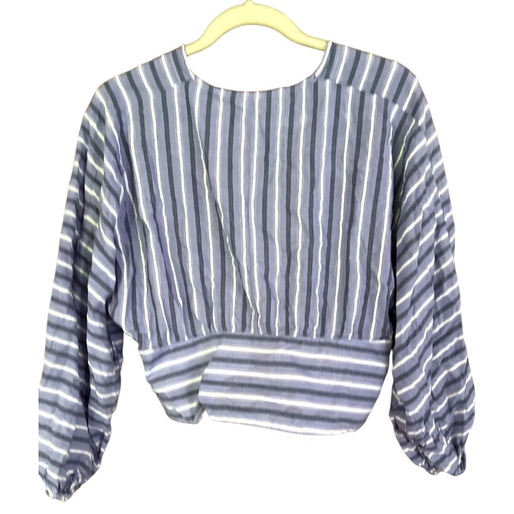 Banana Republic Blue Striped Cropped‎ Shirred Blouse V-Neck S - Picture 7 of 8